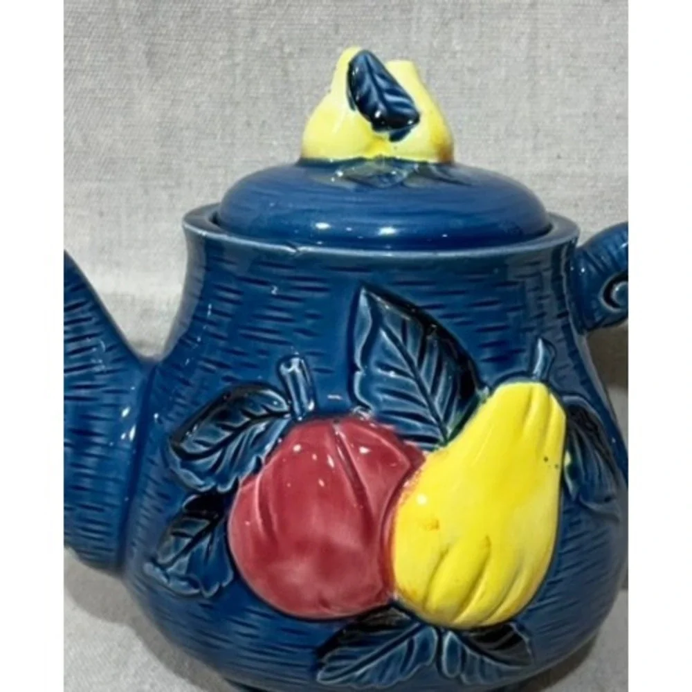 Vintage Cobalt Blue Ceramic Teapot Fruit Relief Apple Pear Made in Japan 7x8